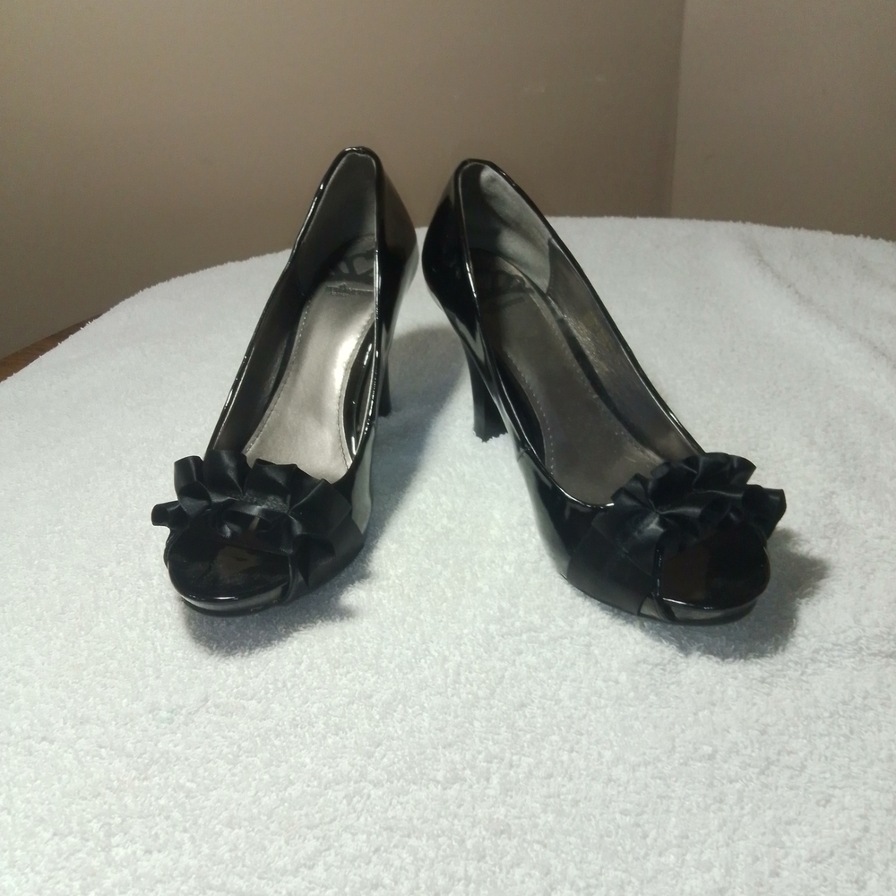 Fergalicious Black Peep-Toe Heels with Bow